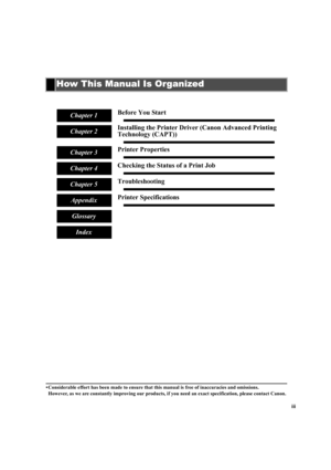 Page 3iii • Considerable effort has been made to ensure that this manual is free of inaccuracies and omissions.
However, as we are constantly improving our products, if you need an exact specification, please contact Canon.
How This Manual Is Organized
Before You Start
Installing the Printer Driver (Canon Advanced Printing 
Technology (CAPT))
Printer Properties
Checking the Status of a Print Job
Troubleshooting
Printer SpecificationsChapter 1
Chapter 2
Chapter 3
Chapter 4
Chapter 5
Appendix
Glossary
Index 