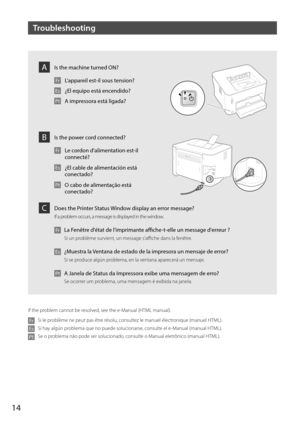 Page 1414
Troubleshooting
If the problem cannot be resolved, see the e-Manual (HTML manual).\7
Fr Si le problème ne peut pas \7être résolu, consultez le manuel électronique (manuel HTML)\7.
Es Si hay algún problema que no puede \7solucionarse, consulte el e-Manual (manual HTML).\7
Pt Se o problema não pode se\7r solucionado, consulte o Manual eletrônico (manual HTML)\7.
Is the machine tur\Oned ON?
Fr L'appareil est-il sous tension?
Es ¿El equipo est\b enc\O
endido?
Pt A impressora est\b ligada?
A
Is the...