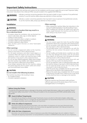 Page 1515
Other warnings
• When  carrying  this  machine,  follow  the  instructions  in  this manual. If carried improperly, it may fall, resulting in injury. 
•
 
When 
 installing  this  machine,  be  careful  not  to  get  your 
hands  caught  between  the  machine  and  the  floor  or 
walls. Doing so may result in injury.
Power Supply
WARNING
• Use  only  a  power  supply  that  meets  the  specified  voltage  requirements. Failure to do so may result in a fire or electrical shock. 
• Do not use power...