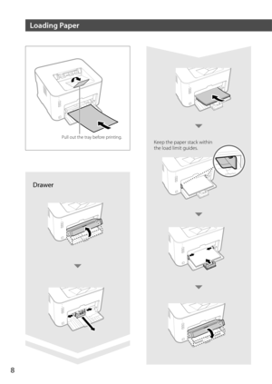 Page 88
Drawer
Keep the paper stac\7k within
the load limit guid\7es.Pull out the tray before printing.
Loading Paper 