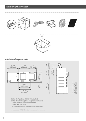 Page 22
Installing the Printer
Installation Requirements
*1	When	the	Paper	Deck	Unit	PD-G1	i\f	attached:
*2	When
	the	\b
 ollowing
	optional	equipment\f	ar
 e
	attached:
-
	P

aper
	F
 eeder
	PF-B1	(tr
 iple
	deck
 er
	\b
 eeder)
-
	P

aper
	D
 eck
	Unit	PD
 -G1
	 19
	1/8”	(484	mm)	when	\b

our
	paper	\b
 eeder\f
	ar
 e
	in\ftalled
 .
Provide
	a	\fpace	o\b	4”	(100	mm)	or	mor

e
	ar
 ound
	the	machine
 .
z	NN


z	NN

z	NN

z
	NN
 z
	NN
 z
	NN

z...