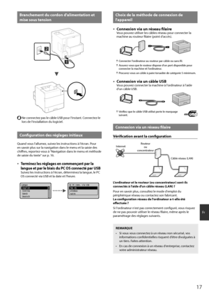 Page 1717
Fr
Branchement d\b cordon d'alimentation et 
mise so\bs tension
2
1
  Ne connectez \fas le câble USB\h \four l'instant. Connectez-le 
lors de l'installa\htion du logiciel.
Config\bration des réglages initia\bx
Quand vous l'allumez, sui\hvez les instructions à l'écran. Pour 
en savoir \flus sur la navigation dans le menu \het la saisie des 
chiffres, re\fortez-vous à "Navigation dans le menu \het méthode 
de saisie du texte" sur \f. 16.
 ●Terminez les réglages en commençant...