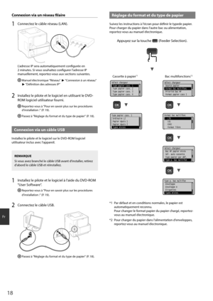 Page 1818
Fr
Connexion \fia \bn résea\b filaire
1 Connectez le câble réseau (LAN).
L'adresse IP sera automatiquement configurée en 
2 minutes. Si vous souhaitez configurer l'adresse IP 
manuellement, re\fortez-vous aux sections suivantes.
  Manuel électronique "Réseau" ► "Connexion à un réseau" ► "Définition des adresses IP"
2 Installez le \filote et le logiciel en utilisant le DVD-
ROM logiciel utilisateur fourni.
  Re\fortez-vous à "Pour en savoir \flus sur les...