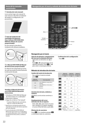 Page 2222
Es
Na\fegación por el menú y método de introd\bcción de textoAcerca de los man\bales 
s\bministrados
 Introd\bcción (este man\bal):
Lea en \frimer lugar este manual. En 
este manual se describe la instalación\h 
del equi\fo, la configuración y las 
\frecauciones.
  G\bía de instalación \Ndel 
controlador de impresora  
(User Software DVD-ROM (DVD-
ROM del software de \bs\bario) 
proporcionado):
En este manual se describe la 
instalación del so\hftware.installation.
  e-Man\bal (DVD-ROM del Man\bal...