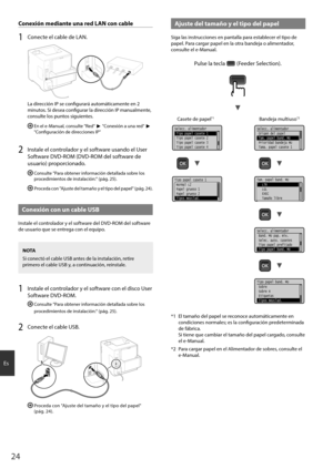 Page 2424
Es
Conexión mediante \bna red LAN con cable
1 Conecte el cable de LAN.\h
La dirección IP se configurará automáticamente en 2 
minutos. Si desea configurar la dirección IP manualmente, 
consulte los \funtos siguientes.
  En el e-Manual, consulte "Red" ► "Conexión a una red" ► 
"Configuración de direcciones IP"
2 Instale el controlador y el software usando el User 
Software DVD-ROM (DVD-ROM del software de 
usuario) \fro\forcionado.
  Consulte "Para obtener información...