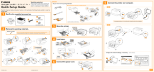 Page 1A
C
User Manual CD-ROM
User Software CD-ROM
OFF
B
BUp to here
(1)
Left Side View
A
Read this guide first.
Please read this guide before operating this 
product. After you finish reading this guide, 
store it in a safe place for future reference.
Confirm the supplied accessories.
Remove the packing materials.Move the printer.
Load paper.
Connect the power cord.
Check!
Did you remove all the packing materials?Connect the printer and computer.
USB
LAN
Read the "Important Safety Instructions" section...