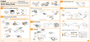 Page 1B
A
D
User Manual CD-ROM
User Software CD-ROM
C
Up to here
A
Hook
Hook
Read this guide first.
Please read this guide before operating this 
product. After you finish reading this guide, 
store it in a safe place for future reference.
Confirm the supplied accessories.
Remove the packing materials.
Move the printer.
Load paper. Connect the power cord.
Check!
Did you remove all the packing materials?Connect the printer and computer.
USB
LAN
Read the "Important Safety Instructions" section on the...