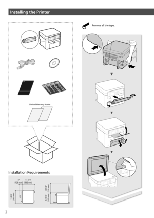 Page 22
Limited Warranty Notice
Remove all the tape.
Installation Requirements
15 3/8"
(390 mm)
12 1/4"
(312 mm) 12 1/4"
(310 mm)
5”
(128 mm) 14 1/4"
(362 mm)
Installing the Printer 