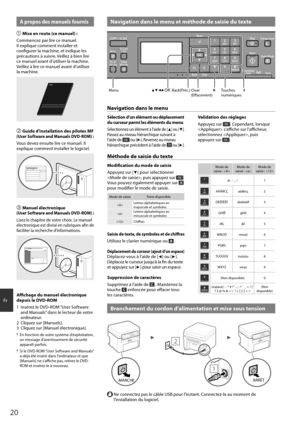 Page 2020
Fr
 Navigation dans le menu et méthode de saisie du texteA propos des manuels fournis
Mise en route (ce manuel) :
Commencez par lire ce manuel. 
Il explique comment installer et 
confi gurer la machine, et indique les 
précautions à suivre. Veillez à bien lire 
ce manuel avant d’utiliser la machine. 
Veillez à lire ce manuel avant d’utiliser 
la machine.
 Guide d’installation des pilotes MF (User Software and Manuals DVD-ROM) :
Vous devez ensuite lire ce manuel. Il 
explique comment installer le...