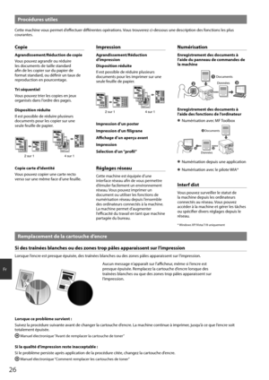 Page 2626
Fr
Procédures utiles
Cette machine vous permet d’eff ectuer diff  érentes opérations. Vous trouverez ci-dessous une description des fonctions les plus 
courantes.
Copie
Agrandissement/Réduction de copie
Vous pouvez agrandir ou réduire 
les documents de taille standard 
afi n de les copier sur du papier de 
format standard, ou défi nir un taux de 
reproduction en pourcentage.
Tri séquentiel
Vous pouvez trier les copies en jeux 
organisés dans l’ordre des pages.
Disposition réduite
Il est possible de...