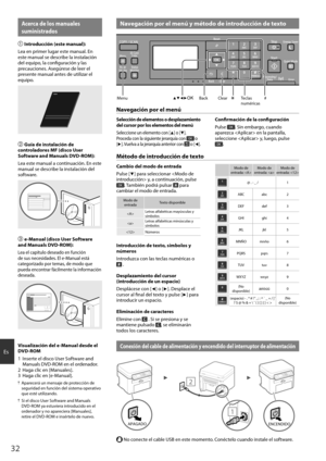 Page 3232
Es
 Navegación por el menú y método de introducción de textoAcerca de los manuales 
suministrados
Introducción (este manual):
Lea en primer lugar este manual. En 
este manual se describe la instalación 
del equipo, la confi  guración y las 
precauciones. Asegúrese de leer el 
presente manual antes de utilizar el 
equipo.
 Guía de instalación de 
controladores MF (disco User 
Software and Manuals DVD-ROM):
Lea este manual a continuación. En este 
manual se describe la instalación del 
software.
...