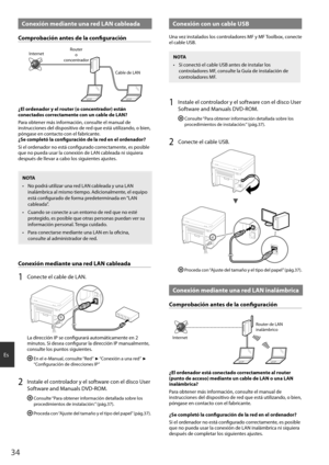 Page 3434
Es
 Conexión mediante una red LAN cableada
Comprobación antes de la confi guración
InternetRouter
o
concentrador
Cable de LAN
¿El ordenador y el router (o concentrador) están 
conectados correctamente con un cable de LAN?
Para obtener más información, consulte el manual de 
instrucciones del dispositivo de red que está utilizando, o bien, 
póngase en contacto con el fabricante.
¿Se completó la confi  guración de la red en el ordenador?
Si el ordenador no está confi gurado correctamente, es posible...