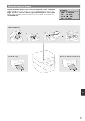 Page 3939
Es
Eliminación de atascos de papel
Si aparece la siguiente pantalla, se habrá producido un atasco de papel en el interior del 
equipo. Siga el procedimiento que aparece en la pantalla para extraer el documento o 
el papel atascado. En este manual se indican únicamente las áreas en las que se pueden 
producir atascos de papel. Para obtener una información detallada sobre cada función, 
consulte el e-Manual.Comprobar.
 Papel atascado o
 cart. no insert.
 Pulse [  ] para
 ver los pasos.
Dentro del...