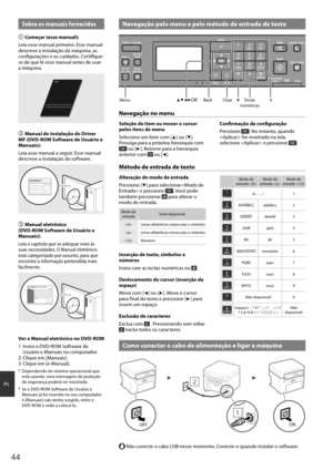 Page 4444
Pt
 Navegação pelo menu e pelo método de entrada de textoSobre os manuais fornecidos
Começar (esse manual):
Leia esse manual primeiro. Esse manual 
descreve a instalação da máquina, as 
confi  gurações e os cuidados. Certifi  que-
se de que lê esse manual antes de usar 
a máquina.
 Manual de instalação do Driver 
MF (DVD-ROM Software de Usuário e 
Manuais):
Leia esse manual a seguir. Esse manual 
descreve a instalação do software.
 Manual eletrônico 
(DVD-ROM Software de Usuário e 
Manuais):...