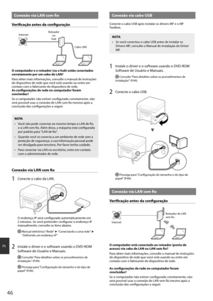 Page 4646
Pt
 Conexão via LAN com fi o
Verifi  cação antes da confi  guração
Internet Roteador
ou
hub
Cabo LAN
O computador e o roteador (ou o hub) estão conectados 
corretamente por um cabo de LAN?
Para obter mais informações, consulte o manual de instruções 
do dispositivo de rede que você está usando ou entre em 
contato com o fabricante do dispositivo de rede.
As confi  gurações de rede no computador foram 
concluídas?
Se o computador não estiver confi gurado corretamente, não 
será possível usar a conexão...