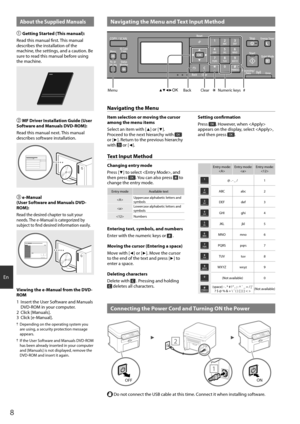 Page 88
En
 Navigating the Menu and Text Input MethodAbout the Supplied Manuals
Getting Started (This manual):
Read this manual fi  rst. This manual 
describes the installation of the 
machine, the settings, and a caution. Be 
sure to read this manual before using 
the machine.
  MF Driver Installation Guide (User 
Software and Manuals DVD-ROM):
Read this manual next. This manual 
describes software installation.
  e-Manual 
(User Software and Manuals DVD-
ROM):
Read the desired chapter to suit your...