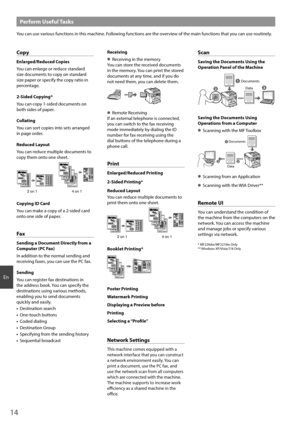 Page 1414
En
Perform Useful Tasks
You can use various functions in this machine. Following functions are the overview of the main functions that you can use routinely.
Copy
Enlarged/Reduced Copies
You can enlarge or reduce standard 
size documents to copy on standard 
size paper or specify the copy ratio in 
percentage.
2-Sided Copying*
You can copy 1-sided documents on 
both sides of paper.
Collating
You can sort copies into sets arranged 
in page order.
Reduced Layout
You can reduce multiple documents to...