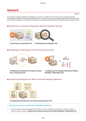 Page 322Network
1469-061
The machine has been designed for  5exibility of use across a variety of environments, and it includes advanced
technologies in addition to basic network features. Do not worry if you are not a network expert, because the machine
has also been designed for convenience and ease of use. Relax and proceed with the network setup one step at a time.
	C Connecting to a Computer/Viewing the Machine's Network Settings
 ConnectingtoaNetwork(P.315)ViewingNetworkSettings(P.344)
	C...