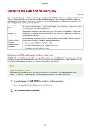 Page 341CheckingtheSSIDandNetworkKey
1469-06A
When manually setting up a wireless connection, you need to specify the SSID and network key of your wireless router. The SSID and network key may be indicated on these networking devices. Check your devices and write down thenecessary information before setting up the connection. For more information, see the instruction manuals for yournetworking devices or contact your manufacturer.
SSIDA name given for identifying a  speci4c wireless LAN. Some other terms...