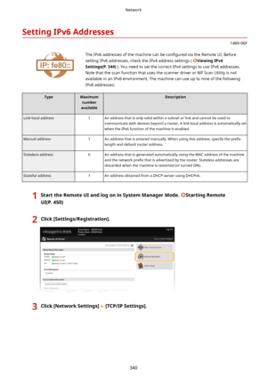 Page 348SettingIPv6Addresses
1469-06F
 The IPv6 addresses of the machine can be con4gured via the Remote UI. Before
setting IPv6 addresses, check the IPv4 address settings ( 
ViewingIPv4
Settings(P.344) ). You need to set the correct IPv4 settings to use IPv6 addresses.
Note that the scan function that uses the scanner driver or MF Scan Utility is not
available in an IPv6 environment. The machine can use up to nine of the following IPv6 addresses:
TypeMaximum number
availableDescriptionLink-local...