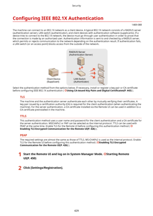 Page 437Con4gurLngIEEE802.1XAuthentication
1469-088
The machine can connect to an 802.1X network as a client device. A typical 802.1X network consists of a RADIUS server (authentication server), LAN switch (authenticator), and client devices with authentication software (supplicants). If adevice tries to connect to the 802.1X network, the device must go through user authentication in order to prove that the connection is made by an authorized user. Authentication information is sent to and checked by a...