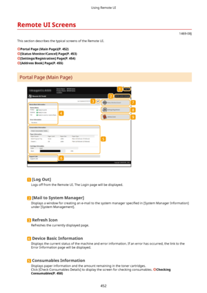 Page 460RemoteUIScreens
1469-08J
This section describes the typical screens of the Remote UI.
PortalPage(MainPage)(P.452)
[StatusMonitor/Cancel@Page(P.453)
[Settings/Registration@Page(P.454)
[AddressBook@Page(P.455)
Portal Page (Main Page)
[LogOut@
Logs off from the Remote UI. The Login page will be displayed.
[MailtoSystemManager@
Displays a window for creating an e-mail to the system manager  speci4ed in [System Manager Information]
under [System Management].
RefreshIcon
Refreshes the...