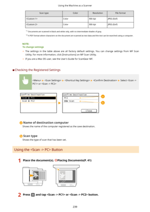 Page 247Scan typeColorResolutionFile formatColor300 dpiJPEG (Exif)Color300 dpiJPEG (Exif)*1 Documents are scanned in black and white only, with no intermediate shades of gray.
*2  A PDF format where characters on the document are scanned as text data and the text can be searched using a computer.
Tochangesettings
	 The  settings  in  the  table  above  are  all  factory  default  settings.  You  can  change  settings  from  MF  Scan
Utility. For more information, click [Instructions] on MF Scan Utility.
	 If...