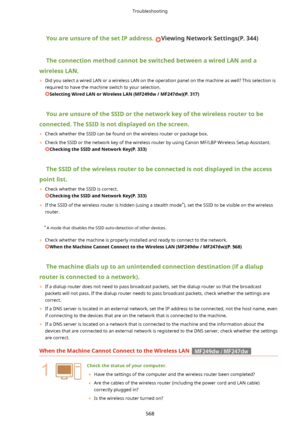 Page 576YouareunsureofthesetIPaddress.ViewingNetworkSettings(P.344)
TheconnectionmethodcannotbeswitchedbetweenawiredLANanda
wirelessLAN. 	 Did you select a wired LAN or a wireless LAN on the operation panel on the machine as well? This selection is
required to have the machine switch to your selection.
SelectingWiredLANorWirelessLAN(MF249dw/MF247dw)(P.317)
YouareunsureoftheSSIDorthenetworkkeyofthewirelessroutertobe...