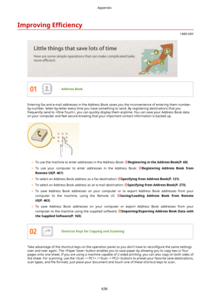 Page 644ImprovingEZcLency
1469-0AY
AddressBook
Entering fax and e-mail addresses in the Address Book saves you the inconvenience of entering them number-
by-number, letter-by-letter every time you have something to send. By registering destinations that you
frequently send to , you can quickly display them anytime. You can save your Address Book data
on your computer and feel secure knowing that your important contact information is backed up.
	 To use the machine to enter addresses in the Address Book:...