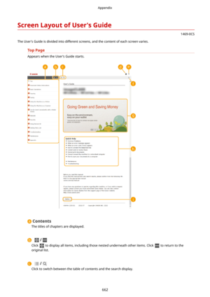 Page 670ScreenLayoutofUser'sGuide
1469-0CS
The User's Guide is divided into different screens, and the content of each screen varies.
TopPage
Appears when the User's Guide starts.
Contents
The titles of chapters are displayed.
/
Click  to display all items, including those nested underneath other items. Click  to return to the
original list.
/
Click to switch between the table of contents and the search display.
Appendix
662 