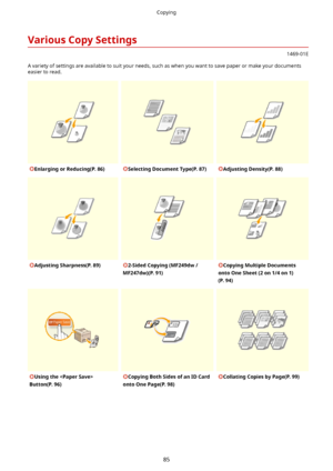 Page 93VariousCopySettings
1469-01E
A variety of settings are available to suit your needs, such as when you want to save paper or make your documents easier to read.
EnlargingorReducing(P.86)SelectingDocumentType(P.87)AdjustingDensity(P.88)AdjustingSharpness(P.89)2-SidedCopying(MF249dw/
MF247dw)(P.91)CopyingMultipleDocuments
ontoOneSheet(2on1/4on1)
(P.94)Usingthe
Button(P.96)CopyingBothSidesofanIDCard
ontoOnePage(P.98)CollatingCopiesbyPage(P.99)
Copying
85...