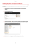 Page 454VerifyingKeyPairsandDigitalCertL4cates
1469-08E
Once key pairs and CA  certi4cates are registered, you can view their detailed information or verify them for validity
and signature.
1StarttheRemoteUIandlogoninSystemManagerMode.StartingRemote
UI(P.450)2Click[Settings/Registration@.3Click[SecuritySettings@[Keyand CertL4cate Settings@or[CA CertL4cateSettings@.
	Click [Key and  Certi4cate Settings] to verify a key pair, or [CA  Certi4cate Settings] to verify a CA...