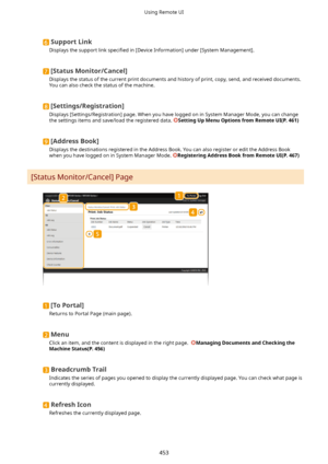 Page 461SupportLink
Displays the support link  speci4ed in [Device Information] under [System Management].
[StatusMonitor/Cancel@
Displays the status of the current print documents and history of print, copy, send, and received documents. You can also check the status of the machine.
[Settings/Registration@
Displays [Settings/Registration] page. When you have logged on in System Manager Mode, you can change the settings items and save/load the registered data. 
SettingUpMenuOptionsfromRemoteUI(P.461)...