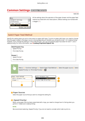 Page 502CommonSettings
1469-090
 All the settings about the operation of the paper drawer and the paper feed
method are listed with short descriptions. Default settings are marked with a dagger (
).
Switch Paper Feed Method
Specify this setting when you print a document on paper with logos. To print on paper with logos, you need to change how the paper loaded in the paper source is facing depending on whether you are performing 1- or 2-sided printing.
However, if you change the setting to , you can just load...