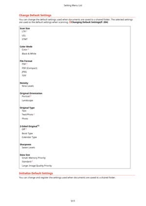 Page 519ChangeDefaultSettings
You can change the default settings used when documents are saved to a shared folder. The selected settingsare used as the default settings when scanning. 
ChangingDefaultSettings(P.284)
ScanSize
LTR
LGL
STMT
 
ColorMode Color
Black & White
 
FileFormat PDF
PDF (Compact)
JPEG
TIFF
 
Density Nine Levels
 
OriginalOrientation Portrait
Landscape
 
OriginalType Text
Text/Photo
Photo
 
2-SidedOriginal *2
Off
Book Type
Calendar Type
 
Sharpness Seven Levels
 
DataSize Small:...