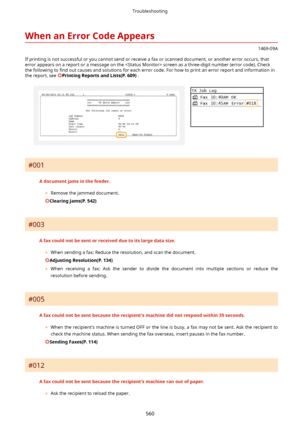 Page 568WhenanErrorCodeAppears
1469-09A
If printing is not successful or you cannot send or receive a fax or scanned document, or another error occurs, that error appears on a report or a message on the  screen as a three-digit number (error code). Checkthe following to  4nd out causes and solutions for each error code. For how to print an error report and information in
the report, see 
PrintingReportsandLists(P.609) .
#001
Adocumentjamsinthefeeder.
	Remove the jammed document....