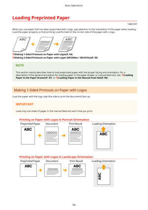 Page 62LoadingPreprintedPaper
1469-00Y
When you use paper that has been preprinted with a logo, pay attention to the orientation of the paper when loading.
Load the paper properly so that printing is performed on the correct side of the paper with a logo.
Making1-SidedPrintoutsonPaperwithLogos(P.54)
Making2-SidedPrintoutsonPaperwithLogos(MF249dw/MF247dw)(P.55)
This section mainly describes how to load preprinted paper with the proper facing and orientation. For a description of the general...