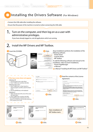 Page 1715
I n s t a l l i n g   t h e   D r i v e r s   S o f t w a r e  ( Fo r  W i n d o w s )
1. Turn on the com\buter, and then log on a\hs a user with administrative \brivileges.
2. Install the \fF Drivers and \fF Toolbox.
If you have already logged on, exit all a\b\blications which are running.
 •Connect the USB cable after installing the s\hoftware.
 •Ensur

e that the \bower of the machine i\hs turned on when connecting the USB cable.
Insert the CD-RO\f.
If the top scree\b does \bot appear
•  
Windows...