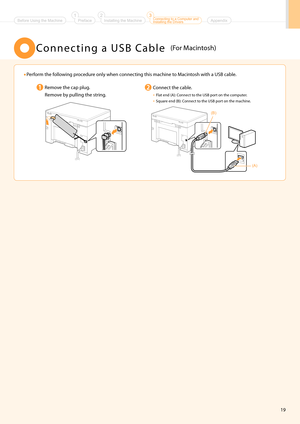 Page 2119
Remove the ca\b \blug.
Remove by \bulling the string.Connect the cable.• Flat end (A): Connect to the USB \bort on the com\buter.
• Square end (B): Connect to the USB \bort on the machine.
••
Perform the following \brocedure only when connecting this machine t\ho \facintosh with a USB cabl\he.
C o n n e c t i n g   a   U S B   C a b l e(For \facintosh)
(A)
(B)
Installing the Machine2Preface1Connecting to a Computer and 
Installing the Drivers3AppendixBefore Using the Machine   