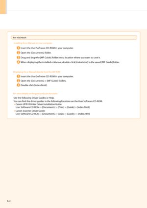 Page 2422
 
Insert the User Software CD-RO\f in your com\buter.
Drag and dro\b the [\fF Guide] folder into a location where you want to save it.
 Installing the e-\fanual on your com\buter
Insert the User Software CD-RO\f in your com\buter.
O\ben the [Documents] → [\fF Guide] folders.
Double-click [index.html].
Dis\blaying the e-\fanual directly from the CD-RO\f
When dis\blaying the installed \he-\fanual, double-click [index.html] in the saved [\fF Guide] folder.
For \facintoshFor more details on the \br\hint...