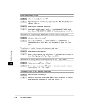 Page 106Print Quality Problems9-16
Troubleshooting
9
Copies are too dark or too light.
Q Is the exposure adjusted correctly?
A Adjust the exposure correctly using [Exposure]. (See Adjusting the Exposure (Density), on p. 5-6.)
Q Is the machine in the toner saver mode?
A Set  to  in  of the Menu. (See  of Menu Descriptions, on p. 10-2.)
The printouts are partly missing or shaded when you make copies on heavy paper.
Q Is the paper type set correctly?
A Select  or  in  in  of the Menu. (See Specifying the Paper...