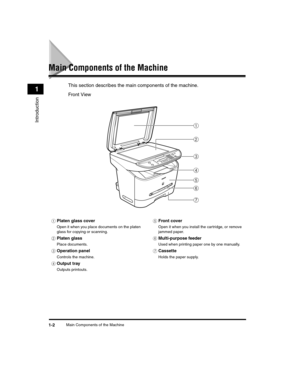 Page 22Main Components of the Machine1-2
Introduction
1
Main Components of the Machine
This section describes the main components of the machine.
Front View
aPlaten glass cover
Open it when you place documents on the platen 
glass for copying or scanning.
bPlaten glass
Place documents.
cOperation panel
Controls the machine.
dOutput tray
Outputs printouts.
eFront cover
Open it when you install the cartridge, or remove 
jammed paper.
fMulti-purpose feeder
Used when printing paper one by one manually.
gCassette...