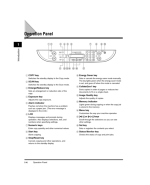 Page 24Operation Panel1-4
Introduction
1
Operation Panel
aCOPY key
Switches the standby display to the Copy mode.
bSCAN key
Switches the standby display to the Scan mode.
cEnlarge/Reduce key
Sets an enlargement or reduction ratio of the 
copy.
dExposure key
Adjusts the copy exposure.
eAlarm indicator
Flashes red when the machine has a problem 
such as a paper jam. (The error message is 
displayed in the LCD.)
fLCD
Displays messages and prompts during 
operation. Also displays selections, text, and 
numbers when...
