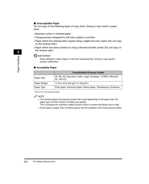 Page 30Print Media Requirements2-2
Paper Handling
2
■Unacceptable Paper
Do not copy on the following types of copy stock. Doing so may result in paper 
jams.
•Severely curled or wrinkled paper
•Transparencies designed for full-color copiers or printers
•Paper which has already been copied using a digital full-color copier (Do not copy 
on the reverse side.)
•Paper which has been printed on using a thermal transfer printer (Do not copy on 
the reverse side.)
IMPORTANT
Never attempt to make copies on full-color...