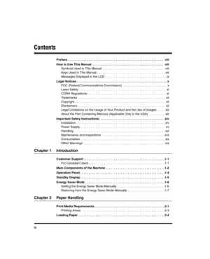 Page 4iv
Contents
Preface  . . . . . . . . . . . . . . . . . . . . . . . . . . . . . . . . . . . . . . . . . . . . . . . . . . . . . . . .   viii
How to Use This Manual . . . . . . . . . . . . . . . . . . . . . . . . . . . . . . . . . . . . . . . . . .   viiiSymbols Used in This Manual  . . . . . . . . . . . . . . . . . . . . . . . . . . . . . . . . . . . . . viii
Keys Used in This Manual  . . . . . . . . . . . . . . . . . . . . . . . . . . . . . . . . . . . . . . . . viii
Messages Displayed in the LCD  . . ....