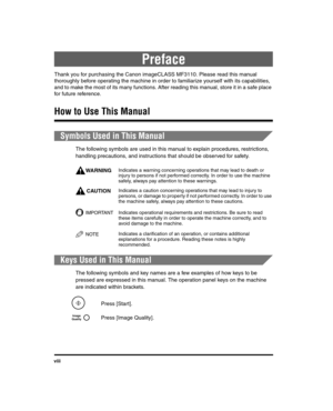 Page 8viii
Preface
Thank you for purchasing the Canon imageCLASS MF3110. Please read this manual 
thoroughly before operating the machine in order to familiarize yourself with its capabilities, 
and to make the most of its many functions. After reading this manual, store it in a safe place 
for future reference.
How to Use This Manual
Symbols Used in This Manual
The following symbols are used in this manual to explain procedures, restrictions, 
handling precautions, and instructions that should be observed for...