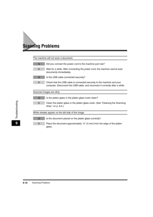 Page 106Scanning Problems9-18
Troubleshooting
9
Scanning Problems
The machine will not scan a document.
Q Did you connect the power cord to the machine just now?
A Wait for a while. After connecting the power cord, the machine cannot scan 
documents immediately. 
Q Is the USB cable connected securely?
A Check that the USB cable is connected securely to the machine and your 
computer. Disconnect the USB cable, and reconnect it correctly after a while.
Scanned images are dirty.
Q Is the platen glass or the platen...