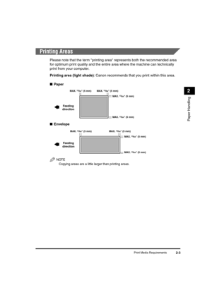 Page 31Print Media Requirements2-3
Paper Handling
2
Printing Areas
Please note that the term printing area represents both the recommended area 
for optimum print quality and the entire area where the machine can technically 
print from your computer.
Printing area (light shade): Canon recommends that you print within this area.
■Paper
■Envelope
NOTE
Copying areas are a little larger than printing areas.
 MAX. 13/64 (5 mm) MAX. 13/64 (5 mm)
MAX. 
13/64 (5 mm)
MAX. 13/64 (5 mm)
Feeding
direction
MAX. 13/64 (5...