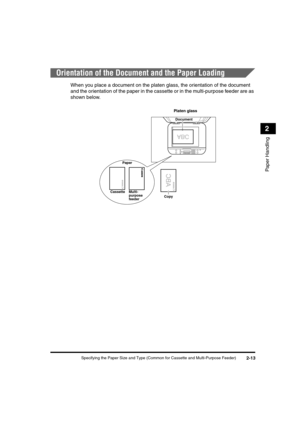 Page 41Specifying the Paper Size and Type (Common for Cassette and Multi-Purpose Feeder)2-13
Paper Handling
2
Orientation of the Document and the Paper Loading
When you place a document on the platen glass, the orientation of the document 
and the orientation of the paper in the cassette or in the multi-purpose feeder are as 
shown below.
Copy
Document
Paper
Cassette Multi-
purpose
feeder
Platen glass
LD_Basic_US.book  Page 13  Monday, January 10, 2005  1:27 PM 