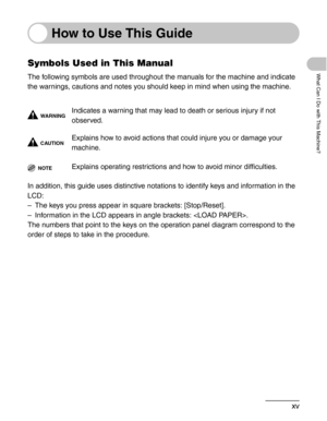 Page 16xv
What Can I Do with This Machine?
How to Use This Guide
Symbols Used in This Manual
The following symbols are used throughout the manuals for the machine and indicate 
the warnings, cautions and notes you should keep in mind when using the machine.
WA R N I N GIndicates a warning that may lead to death or serious injury if not 
observed.
CAUTIONExplains how to avoid actions that could injure you or damage your 
machine.
NOTEExplains operating restrictions and how to avoid minor difficulties.
In...